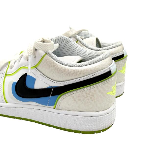 Nike Kids Youth Air Jordan 1 Low SE Warped Swoosh White Leather Neon Sneakers - Picture 4 of 7